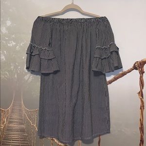 Comfy Striped Dress,Ruffle Sleeves,Black/White🤍🖤